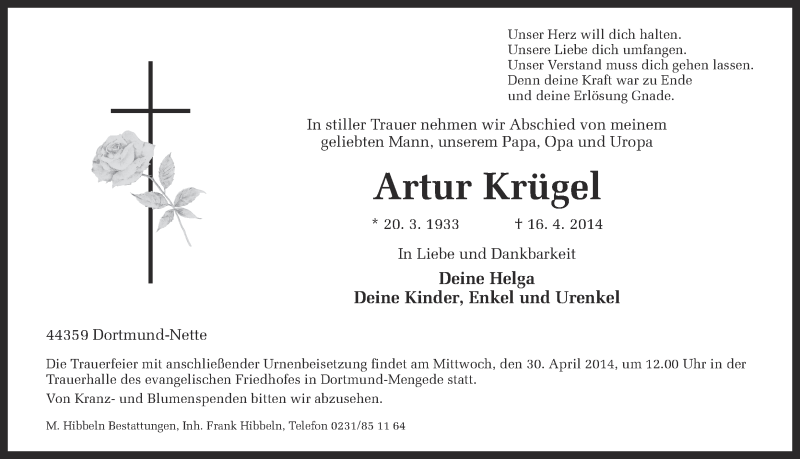  Traueranzeige für Artur Krügel vom 26.04.2014 aus Ruhr Nachrichten