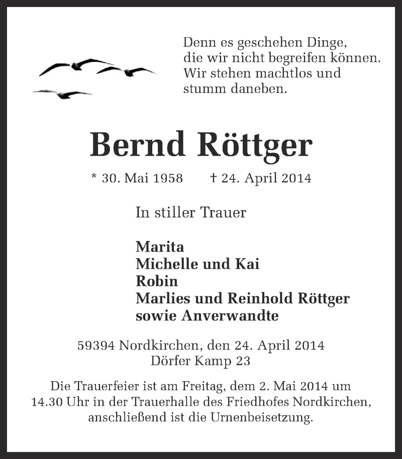  Traueranzeige für Bernd Röttger vom 29.04.2014 aus Ruhr Nachrichten