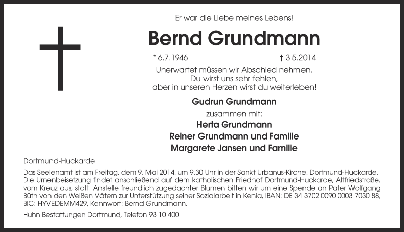  Traueranzeige für Bernd Grundmann vom 07.05.2014 aus Ruhr Nachrichten