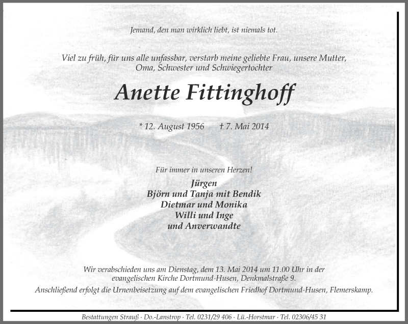  Traueranzeige für Anette Fittinghoff vom 09.05.2014 aus Ruhr Nachrichten