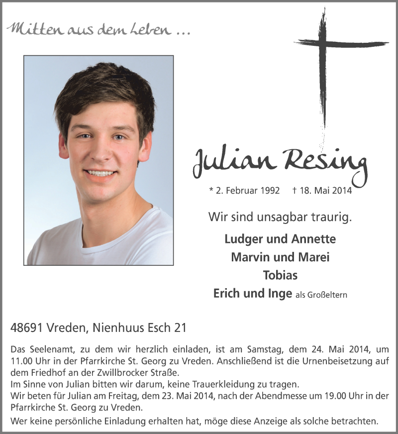  Traueranzeige für Julian Resing vom 21.05.2014 aus Münstersche Zeitung und Münsterland Zeitung