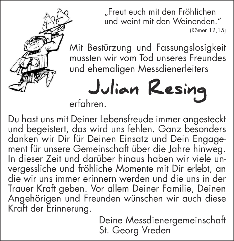  Traueranzeige für Julian Resing vom 21.05.2014 aus Münstersche Zeitung und Münsterland Zeitung