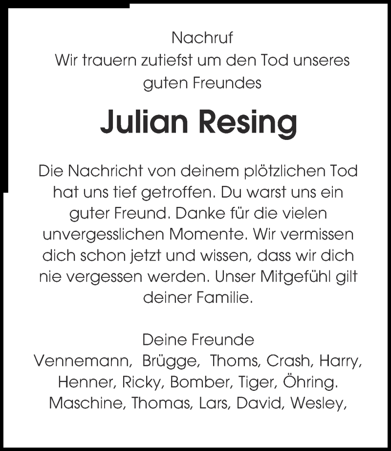  Traueranzeige für Julian Resing vom 22.05.2014 aus Münstersche Zeitung und Münsterland Zeitung