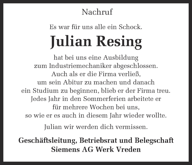  Traueranzeige für Julian Resing vom 23.05.2014 aus Münstersche Zeitung und Münsterland Zeitung