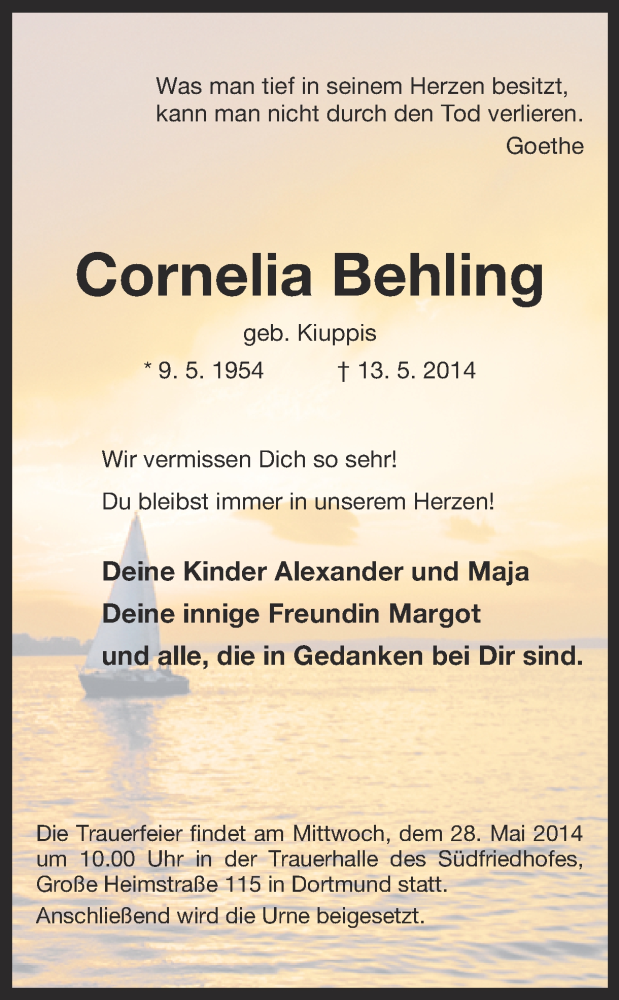  Traueranzeige für Cornelia Behling vom 24.05.2014 aus Ruhr Nachrichten