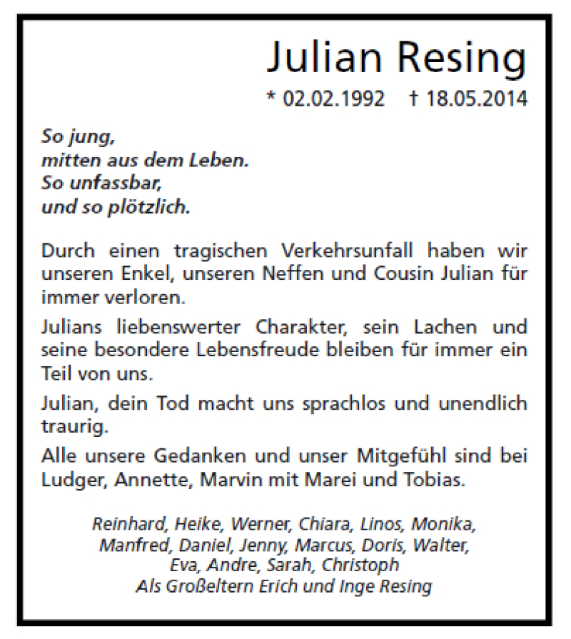  Traueranzeige für Julian Resing vom 23.05.2014 aus 