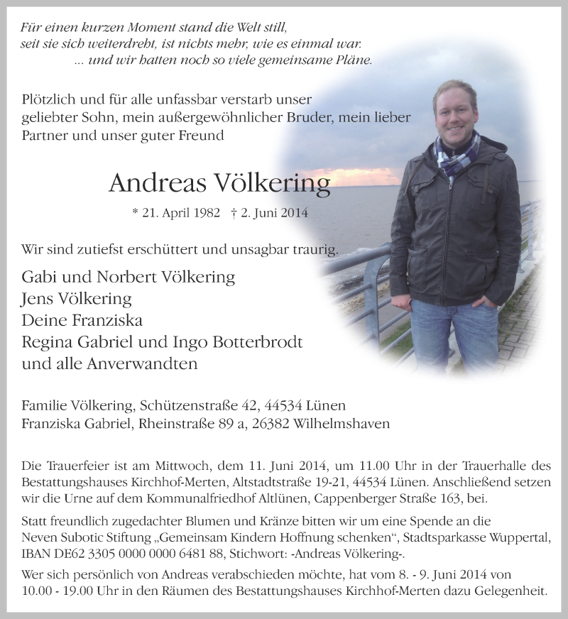  Traueranzeige für Andreas Völkering vom 07.06.2014 aus Ruhr Nachrichten
