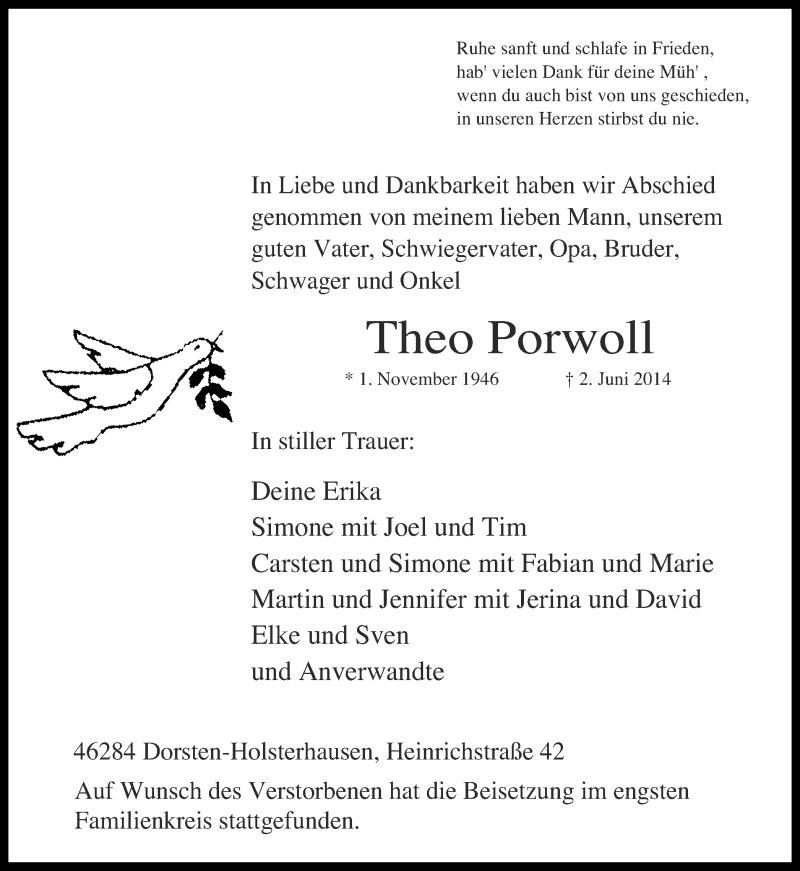  Traueranzeige für Theo Porwoll vom 11.06.2014 aus Ruhr Nachrichten und Dorstener Zeitung