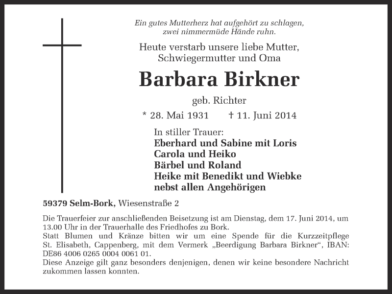  Traueranzeige für Barbara Birkner vom 13.06.2014 aus Ruhr Nachrichten