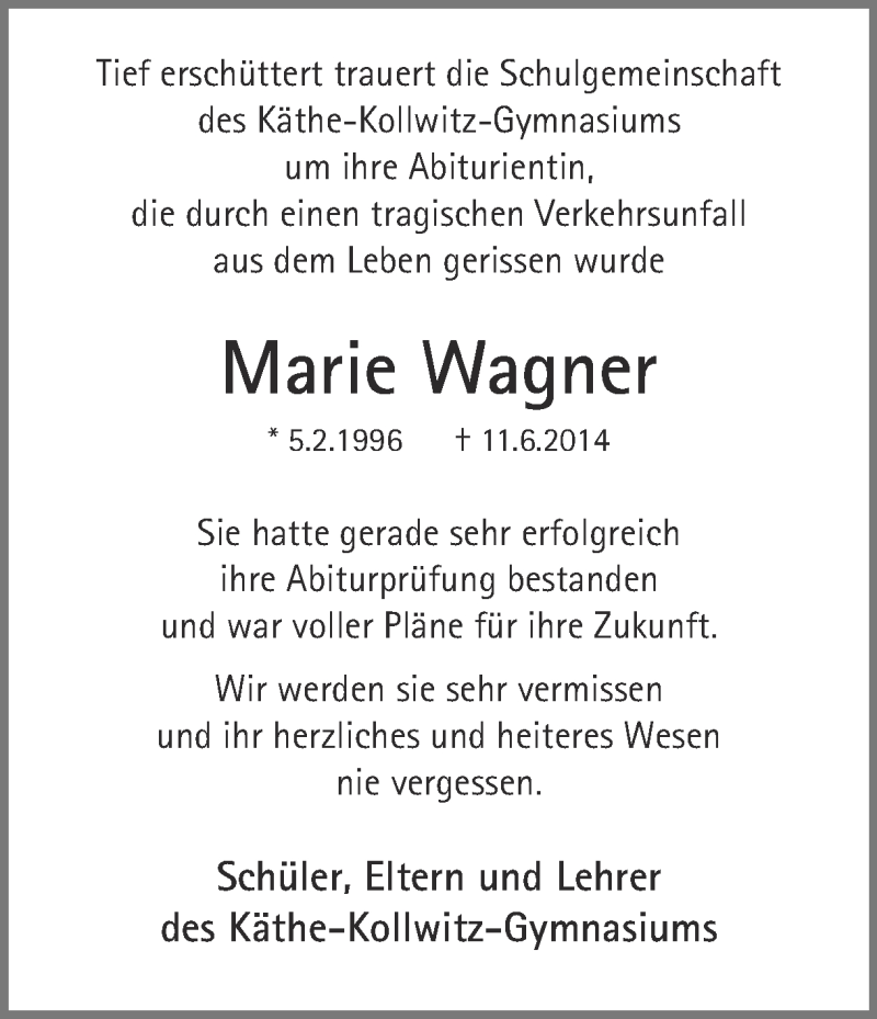  Traueranzeige für Marie Wagner vom 14.06.2014 aus Ruhr Nachrichten