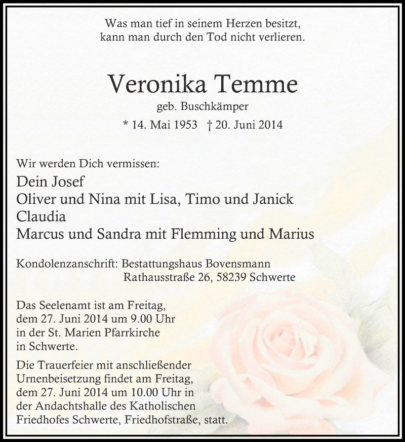  Traueranzeige für Veronika Temme vom 24.06.2014 aus Ruhr Nachrichten