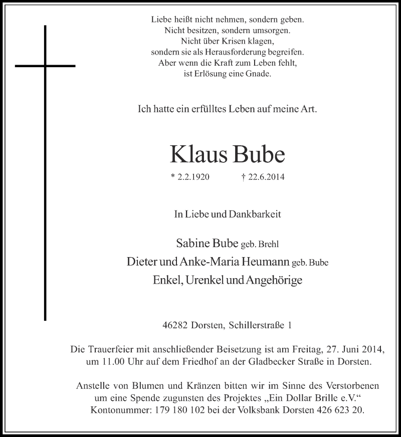  Traueranzeige für Klaus Bube vom 25.06.2014 aus Ruhr Nachrichten und Dorstener Zeitung
