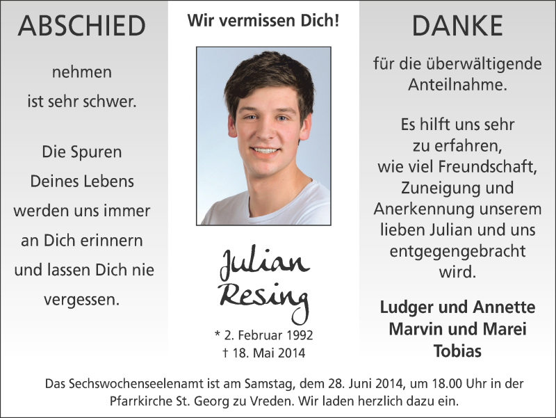  Traueranzeige für Julian Resing vom 25.06.2014 aus Münstersche Zeitung und Münsterland Zeitung