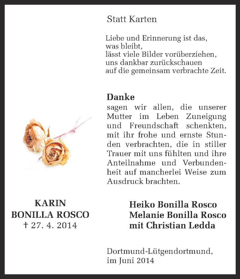  Traueranzeige für Karin Bonilla Rosco vom 28.06.2014 aus Ruhr Nachrichten