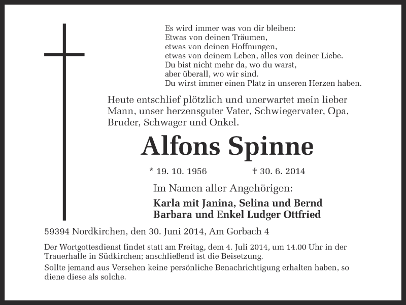  Traueranzeige für Alfons Spinne vom 02.07.2014 aus Ruhr Nachrichten