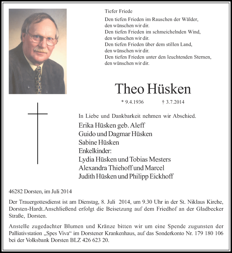  Traueranzeige für Theo Hüsken vom 05.07.2014 aus Ruhr Nachrichten und Dorstener Zeitung