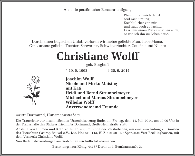  Traueranzeige für Christiane Wolff vom 08.07.2014 aus Ruhr Nachrichten