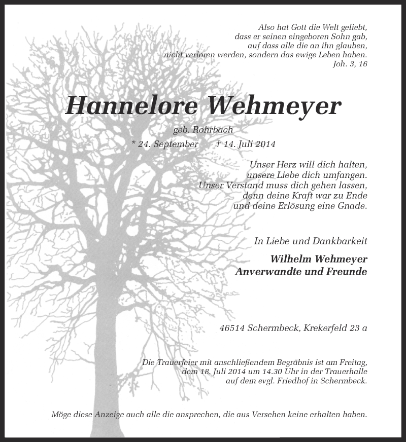  Traueranzeige für Hannelore Wehmeyer vom 16.07.2014 aus Ruhr Nachrichten und Dorstener Zeitung