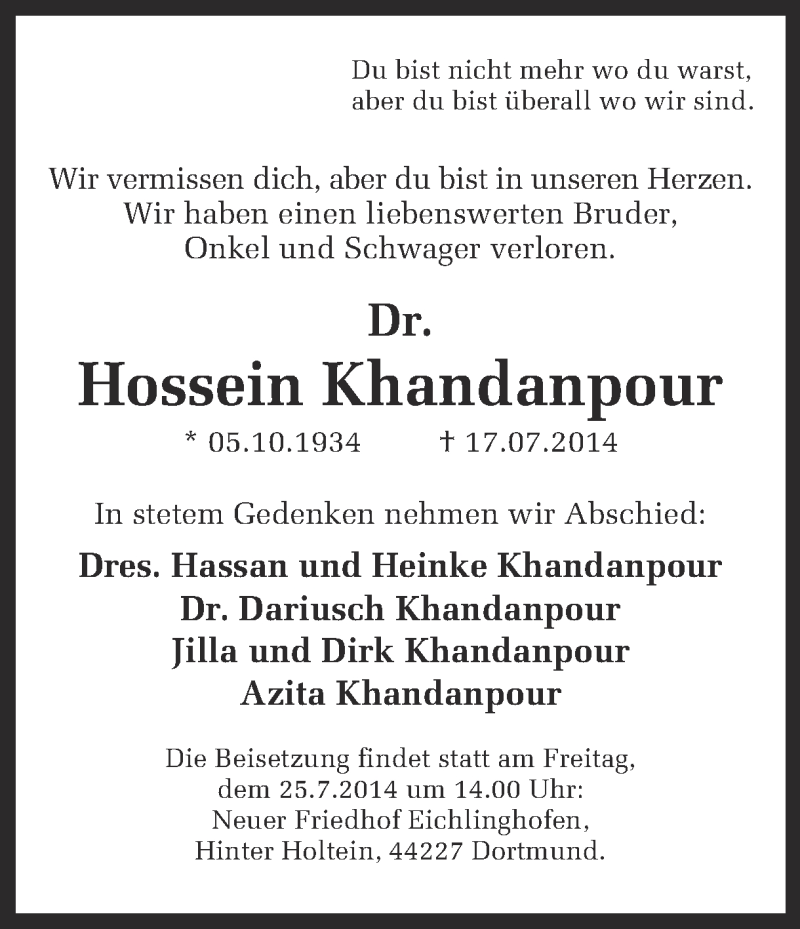  Traueranzeige für Hossein Khandanpour vom 22.07.2014 aus Ruhr Nachrichten