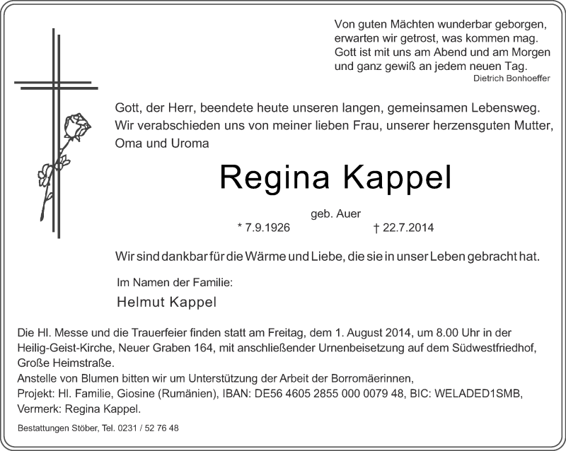  Traueranzeige für Regina Kappel vom 26.07.2014 aus Ruhr Nachrichten
