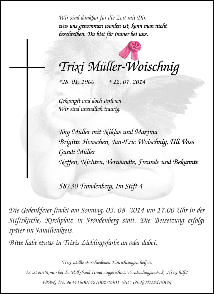  Traueranzeige für Trixi Müller-Woischnig vom 25.07.2014 aus Ruhr Nachrichten