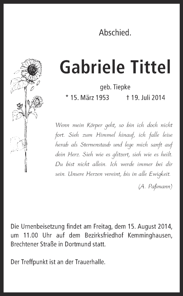  Traueranzeige für Gabriele Tittel vom 26.07.2014 aus Ruhr Nachrichten