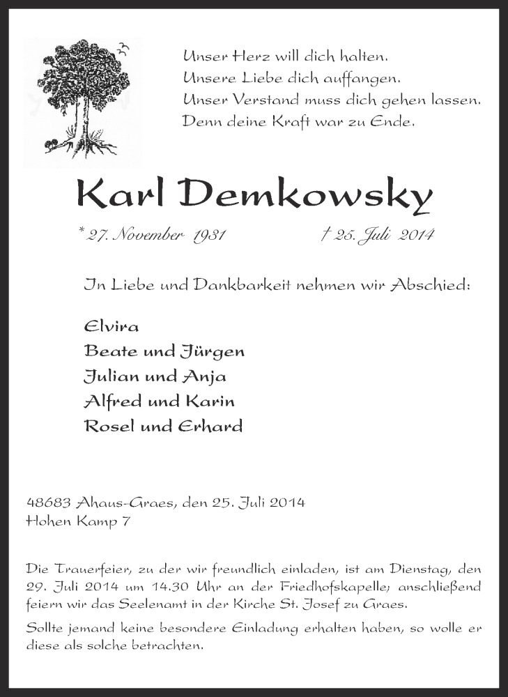  Traueranzeige für Karl Demkowsky vom 26.07.2014 aus Münstersche Zeitung und Münsterland Zeitung