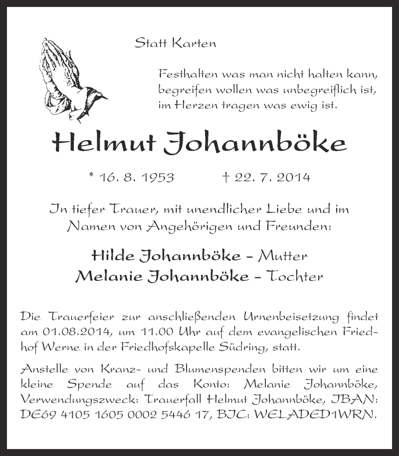  Traueranzeige für Helmut Johannböke vom 26.07.2014 aus Ruhr Nachrichten