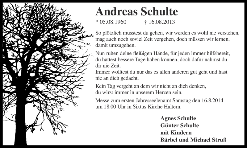  Traueranzeige für Andreas Schulte vom 09.08.2014 aus Ruhr Nachrichten und Halterner Zeitung