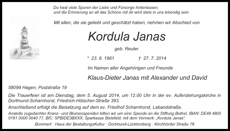  Traueranzeige für Kordula Janas vom 01.08.2014 aus Ruhr Nachrichten