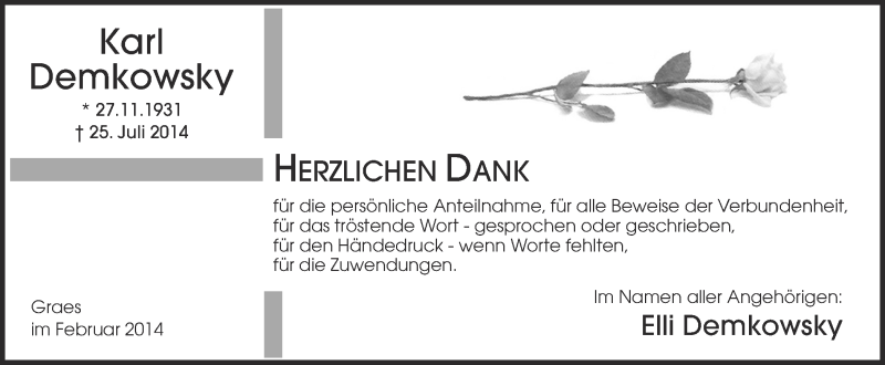  Traueranzeige für Karl Demkowsky vom 02.08.2014 aus Münstersche Zeitung und Münsterland Zeitung