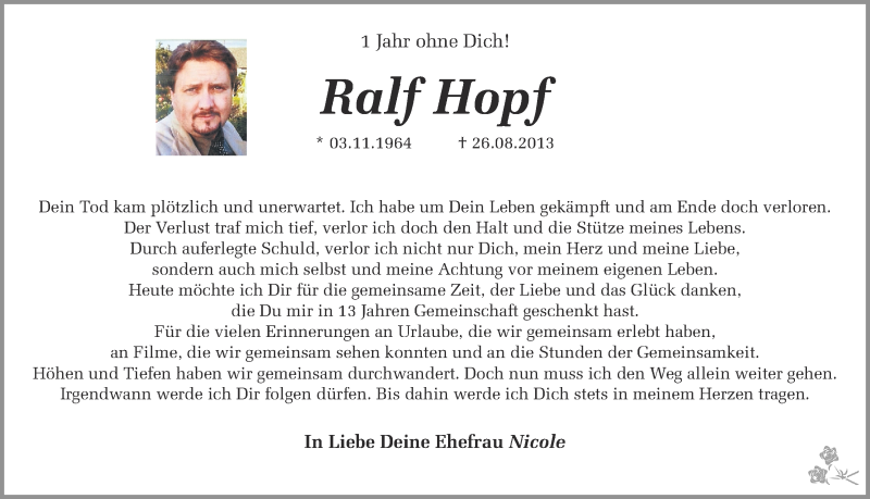  Traueranzeige für Ralf Hopf vom 26.08.2014 aus Ruhr Nachrichten