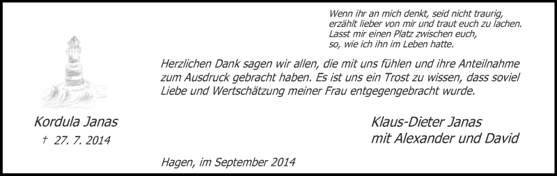  Traueranzeige für Kordula Janas vom 06.09.2014 aus Ruhr Nachrichten