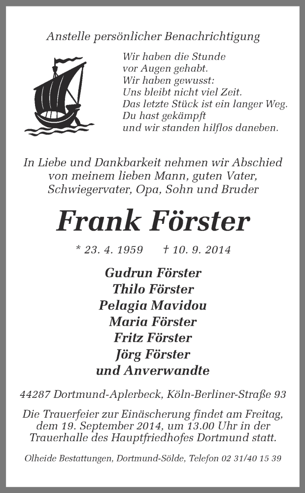  Traueranzeige für Frank Förster vom 13.09.2014 aus Ruhr Nachrichten