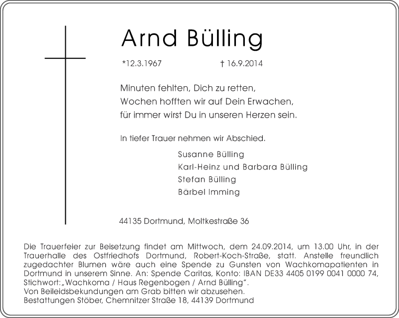  Traueranzeige für Arnd Bülling vom 20.09.2014 aus Ruhr Nachrichten