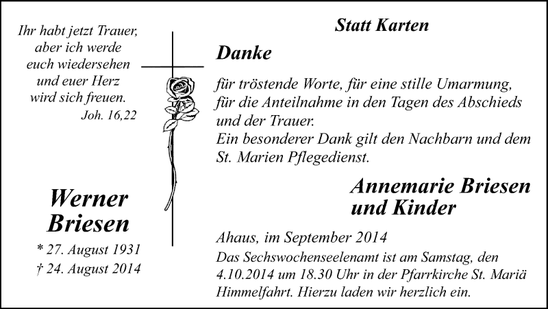  Traueranzeige für Werner Briesen vom 30.09.2014 aus Münstersche Zeitung und Münsterland Zeitung