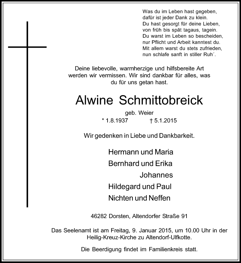  Traueranzeige für Alwine Schmittobreick vom 06.01.2015 aus Ruhr Nachrichten und Dorstener Zeitung