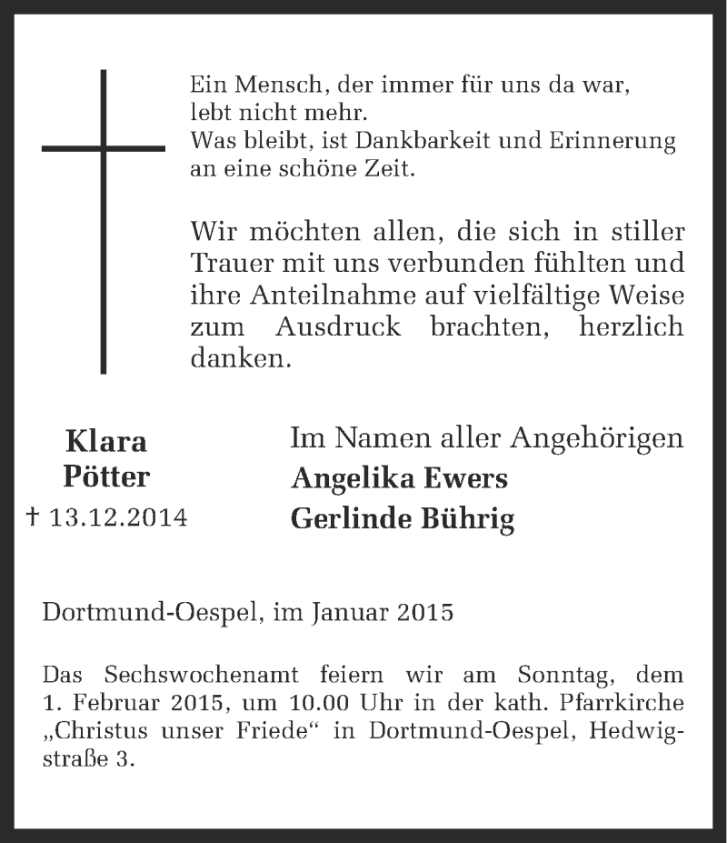  Traueranzeige für Klara Pötter vom 10.01.2015 aus Ruhr Nachrichten