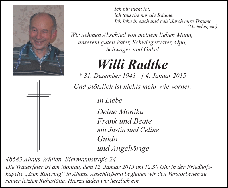  Traueranzeige für Willi Radtke vom 08.01.2015 aus Münstersche Zeitung und Münsterland Zeitung