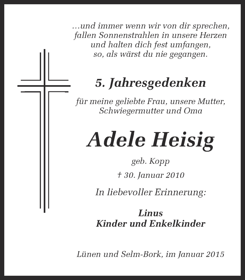  Traueranzeige für Adele Heisig vom 30.01.2015 aus Ruhr Nachrichten