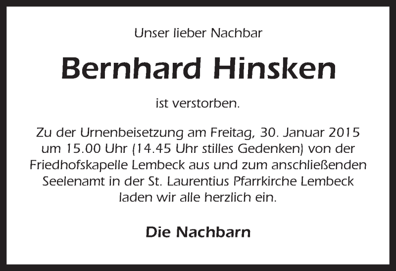  Traueranzeige für Bernhard Hinsken vom 27.01.2015 aus Ruhr Nachrichten und Dorstener Zeitung