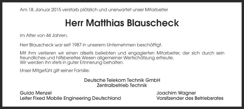  Traueranzeige für Matthias Blauscheck vom 23.01.2015 aus Ruhr Nachrichten