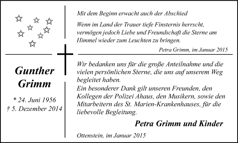  Traueranzeige für Gunther Grimm vom 31.01.2015 aus Münstersche Zeitung und Münsterland Zeitung