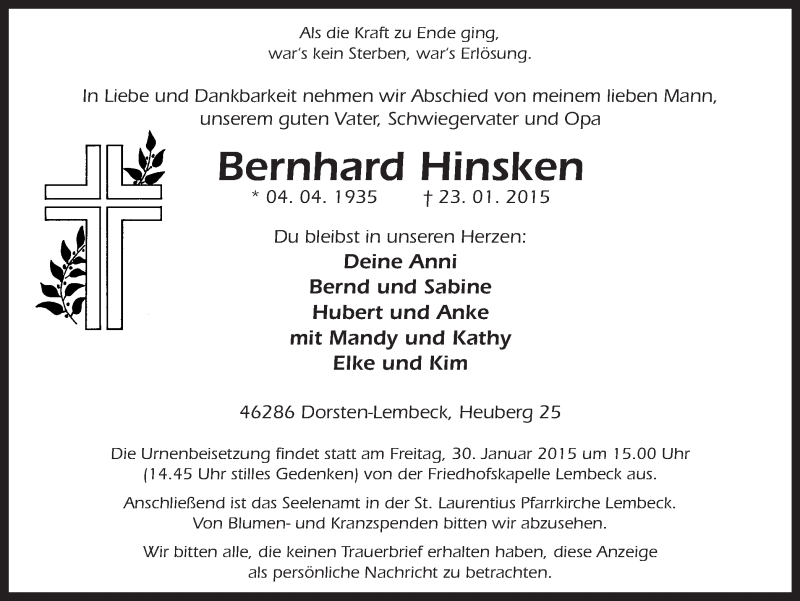  Traueranzeige für Bernhard Hinsken vom 27.01.2015 aus Ruhr Nachrichten und Dorstener Zeitung