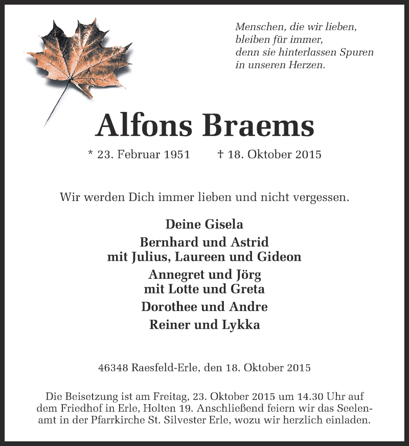  Traueranzeige für Alfons Braems vom 20.10.2015 aus Ruhr Nachrichten und Dorstener Zeitung