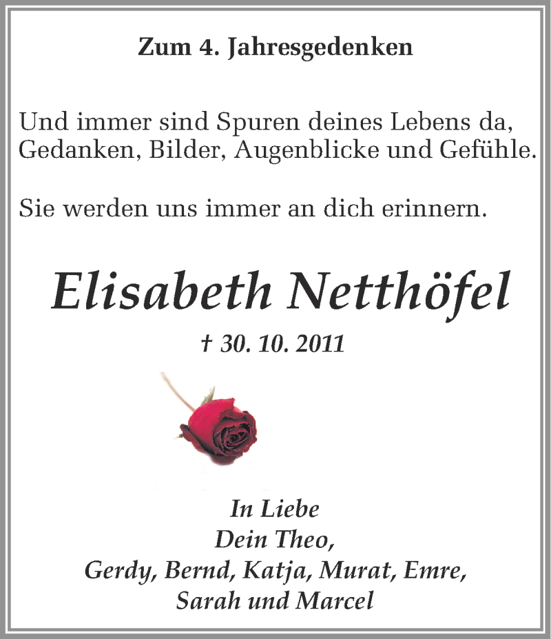  Traueranzeige für Elisabeth Netthöfel vom 30.10.2015 aus Ruhr Nachrichten