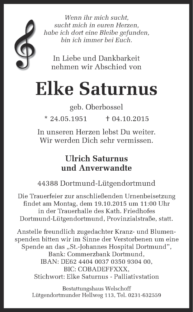  Traueranzeige für Elke Saturnus vom 10.10.2015 aus Ruhr Nachrichten