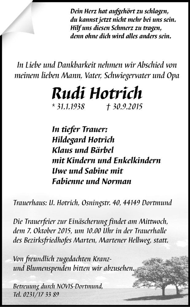  Traueranzeige für Rudi Hotrich vom 03.10.2015 aus Ruhr Nachrichten