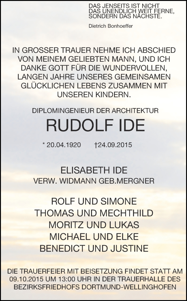  Traueranzeige für Rudolf Ide vom 06.10.2015 aus Ruhr Nachrichten