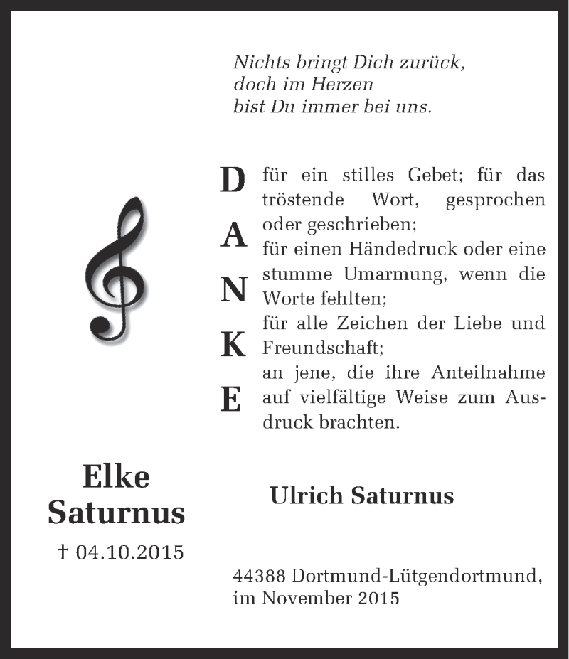  Traueranzeige für Elke Saturnus vom 14.11.2015 aus Ruhr Nachrichten
